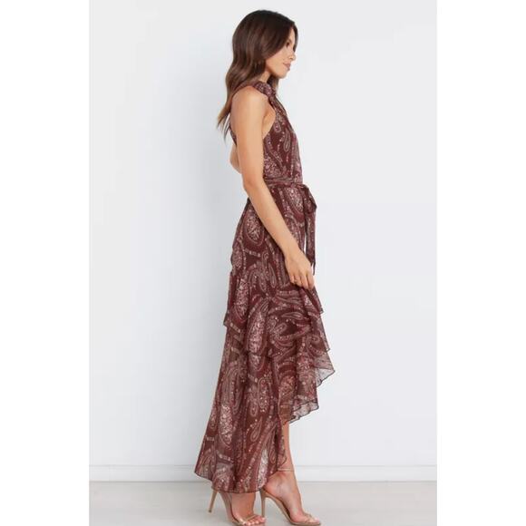 Petal and Pup - Tia Brown Halter Neck Swiss Dot Paisley High Low Maxi Dress - Picture 16 of 16